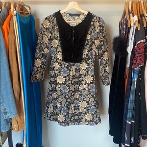70s vibes mini long sleeve blue floral dress